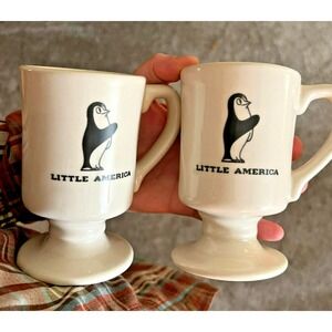 2 VTG LITTLE AMERICA Penguin Logo Footed Coffee Mugs USA Restaurant Ware